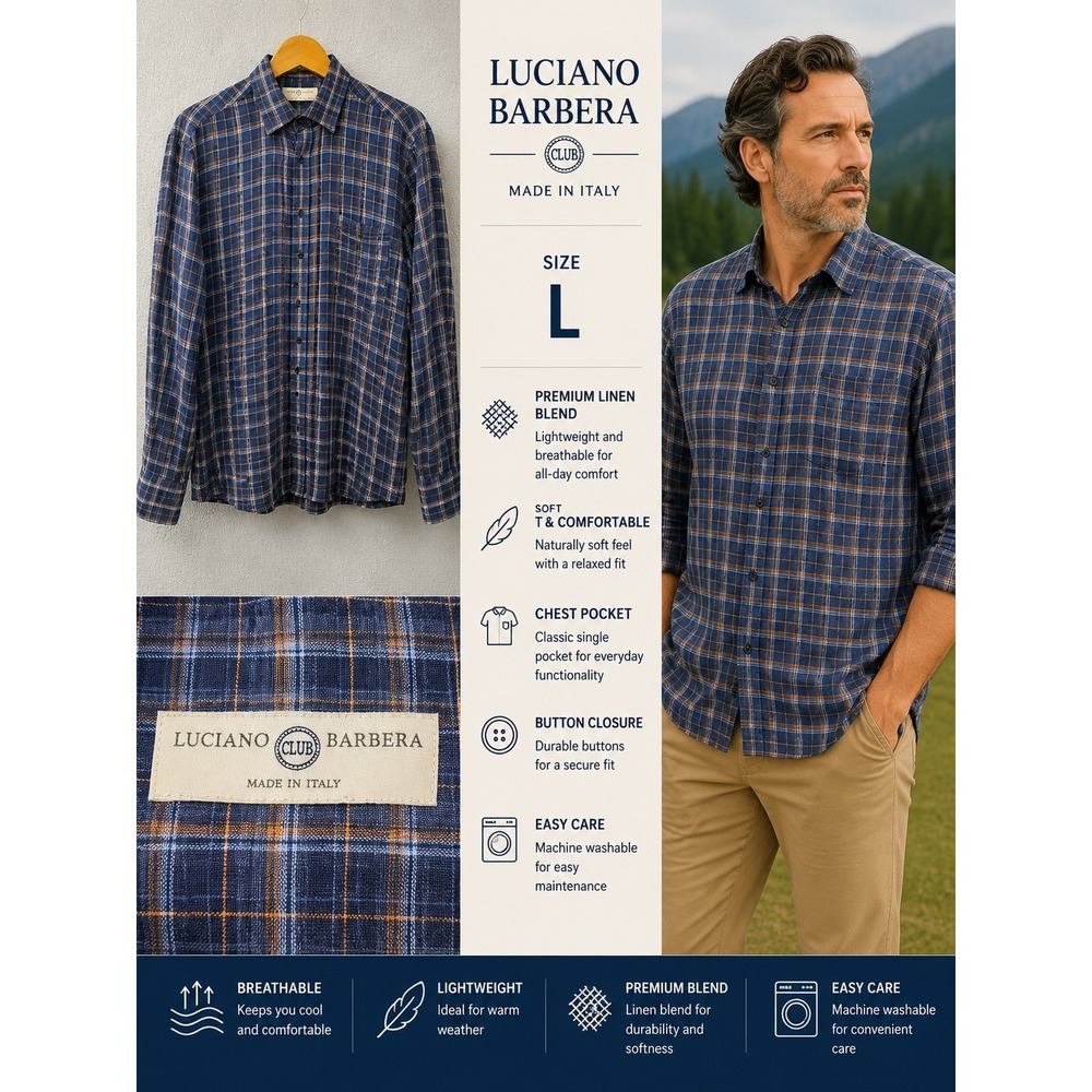Luciano Barbera Club Mens Large Linen Blend Plaid Button Down Shirt Blue Italy